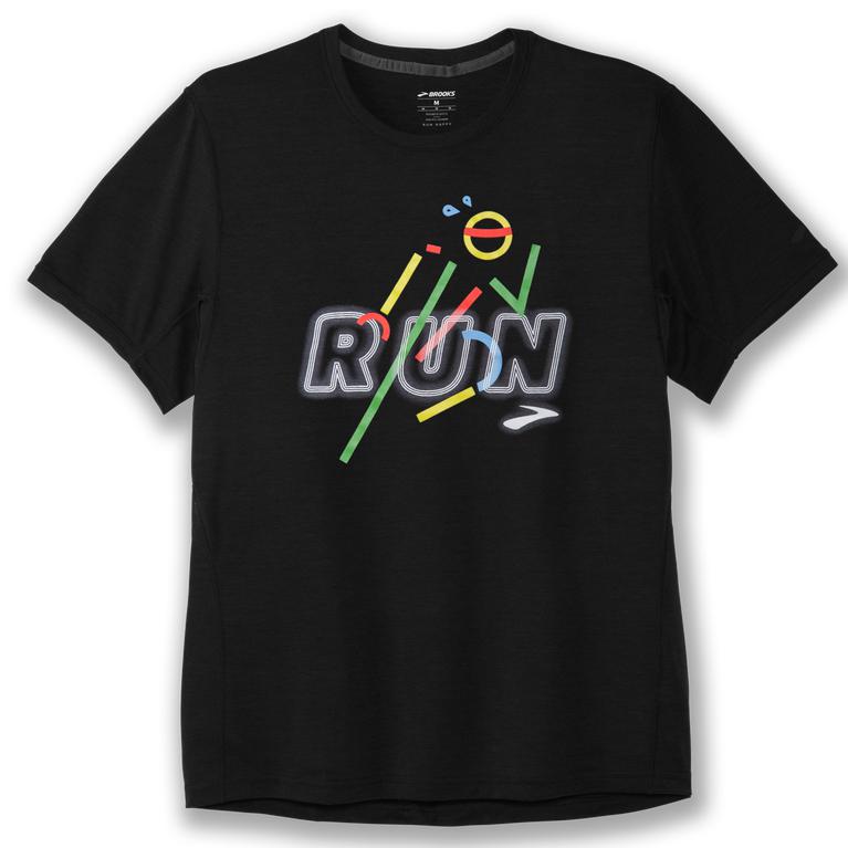 Brooks Distance Graphic Men's Short Sleeve Running Shirt - Black/Run Victory (48517-EJWU)